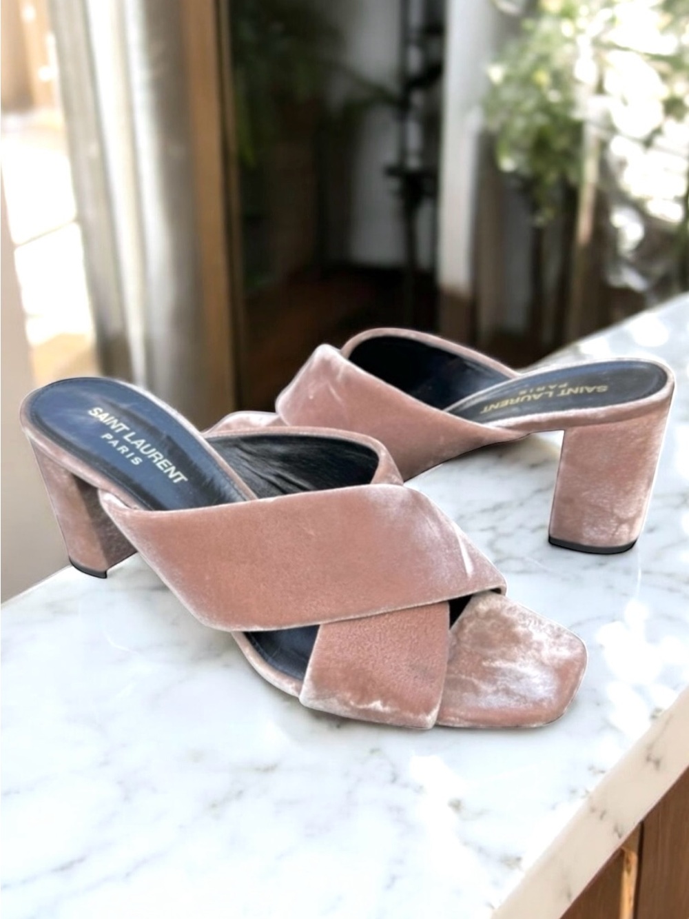 Saint Laurent Loulou Velvet Sandals Pink Crossover Strap